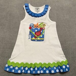 Mud Pie Baby Girls White Bucket Dress Sea Creatures Blue Polka Dot 2T/3T NWT